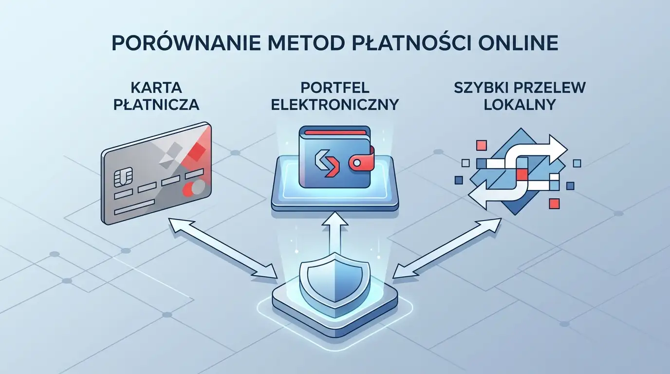 Neutralna ilustracja porównania karty, portfela elektronicznego i płatności online