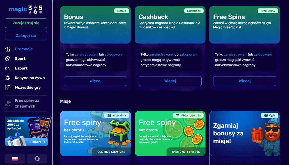 Panel promocji Magic365 z warunkami oferty widocznymi dla użytkownika
