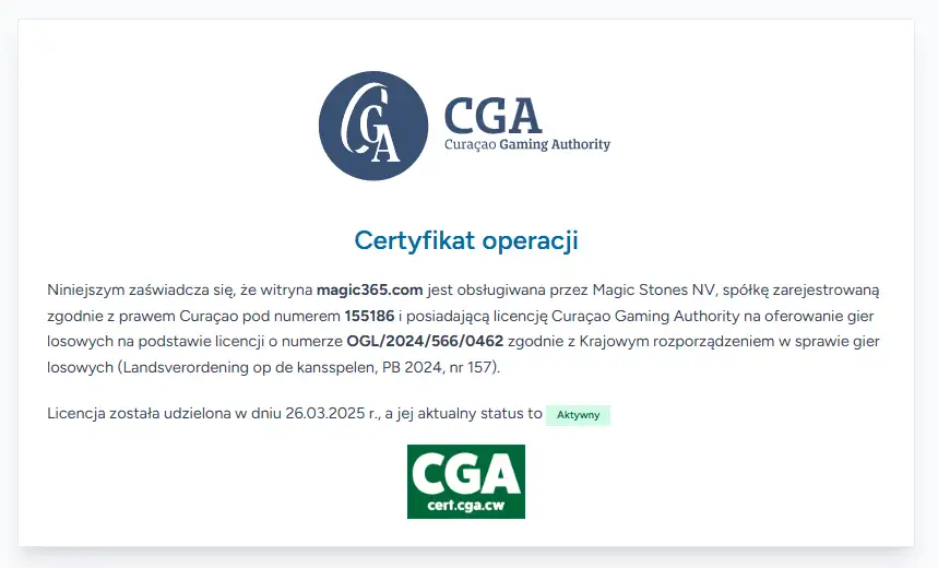 Certyfikat Curaçao Gaming Authority dla Magic365 z numerem licencji i statusem