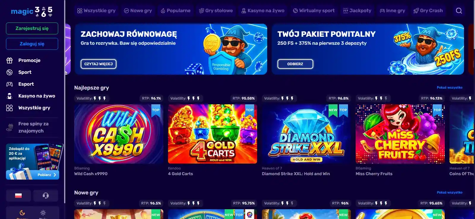 Interfejs strony Magic365 pokazujący strukturę serwisu